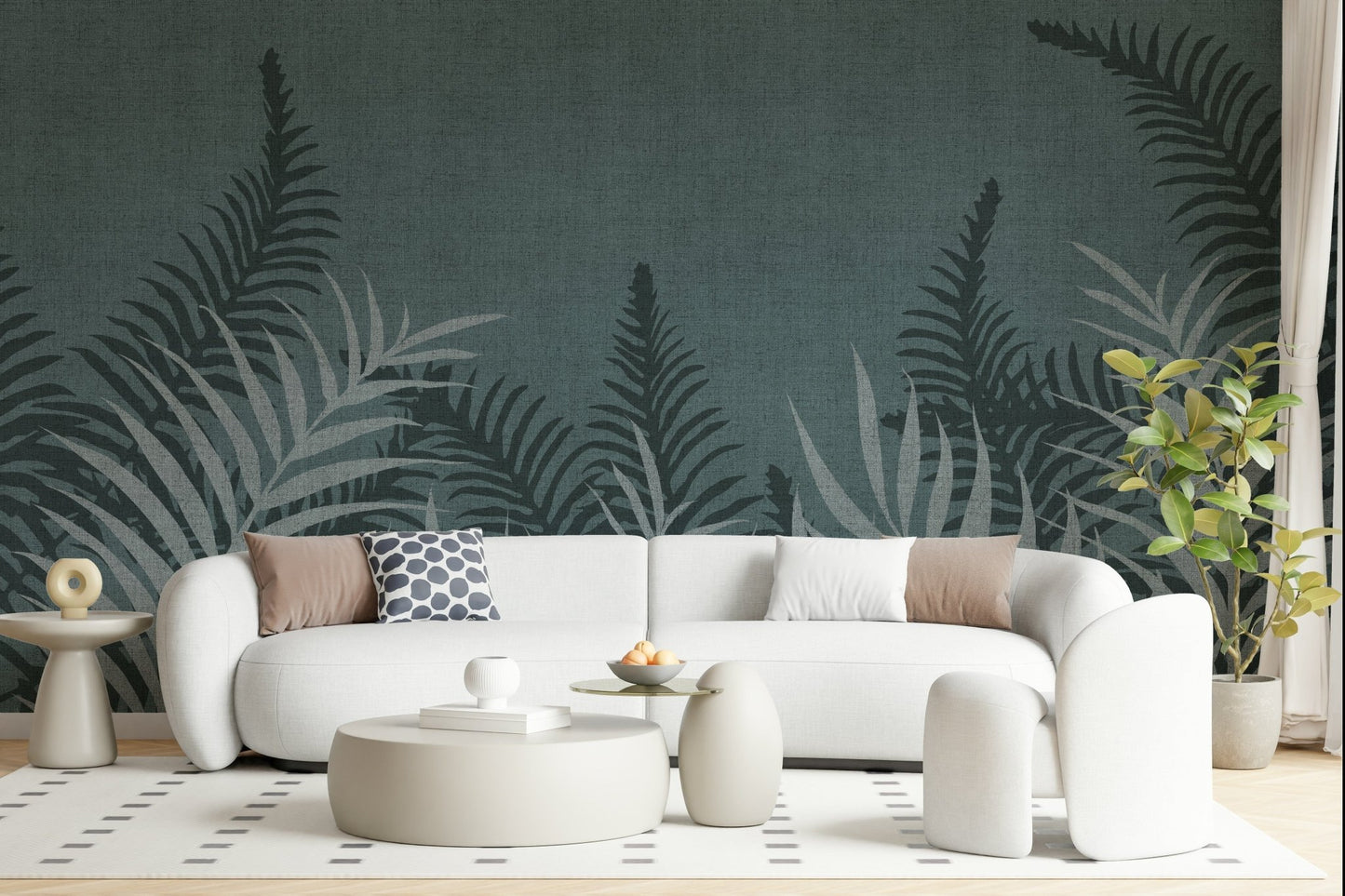 Ethereal Jungle Fog wall mural, calm indigo monochrome plant art.