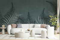 Ethereal Jungle Fog wall mural, calm indigo monochrome plant art.
