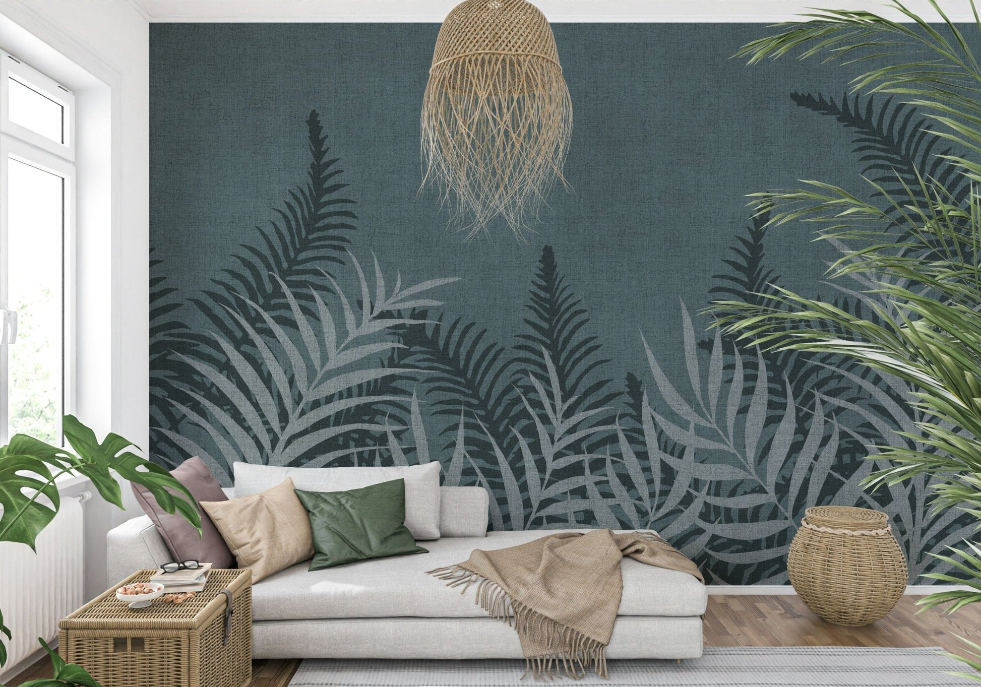 Into The Jungle Fog wallpaper, stylish aqua and charcoal leafy motive.
