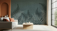 Moody Jungle Fog wall mural with silvery blue botanical fronds.