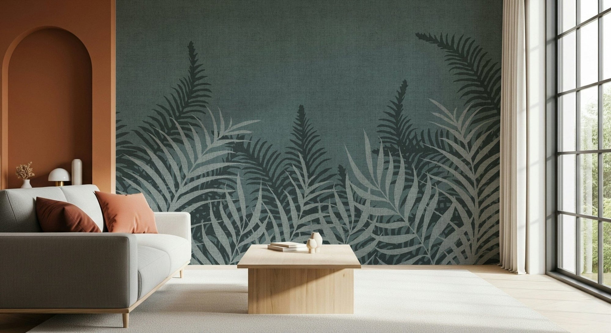 Moody Jungle Fog wall mural with silvery blue botanical fronds., GD6875