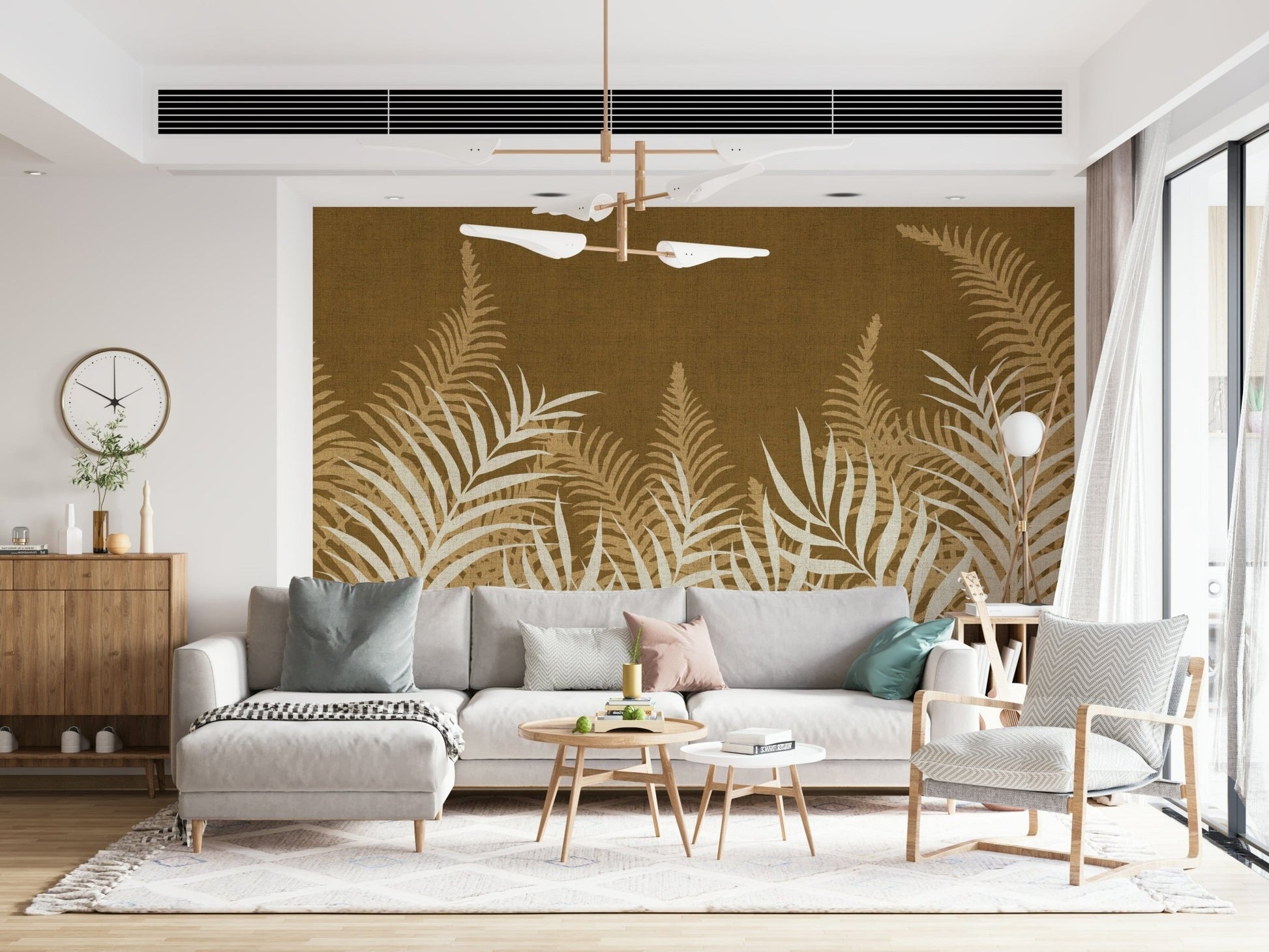 Golden Jungle mural, vibrant earth tones and white palmetto plants.