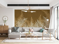 Golden Jungle mural, vibrant earth tones and white palmetto plants.