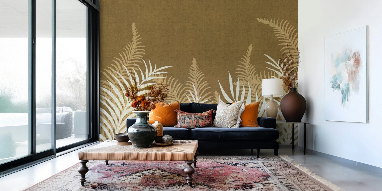 Warm Golden Jungle wall mural with striking ochre botanical pattern.