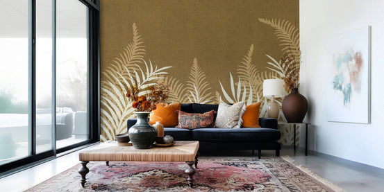 Warm Golden Jungle wall mural with striking ochre botanical pattern., GD6876