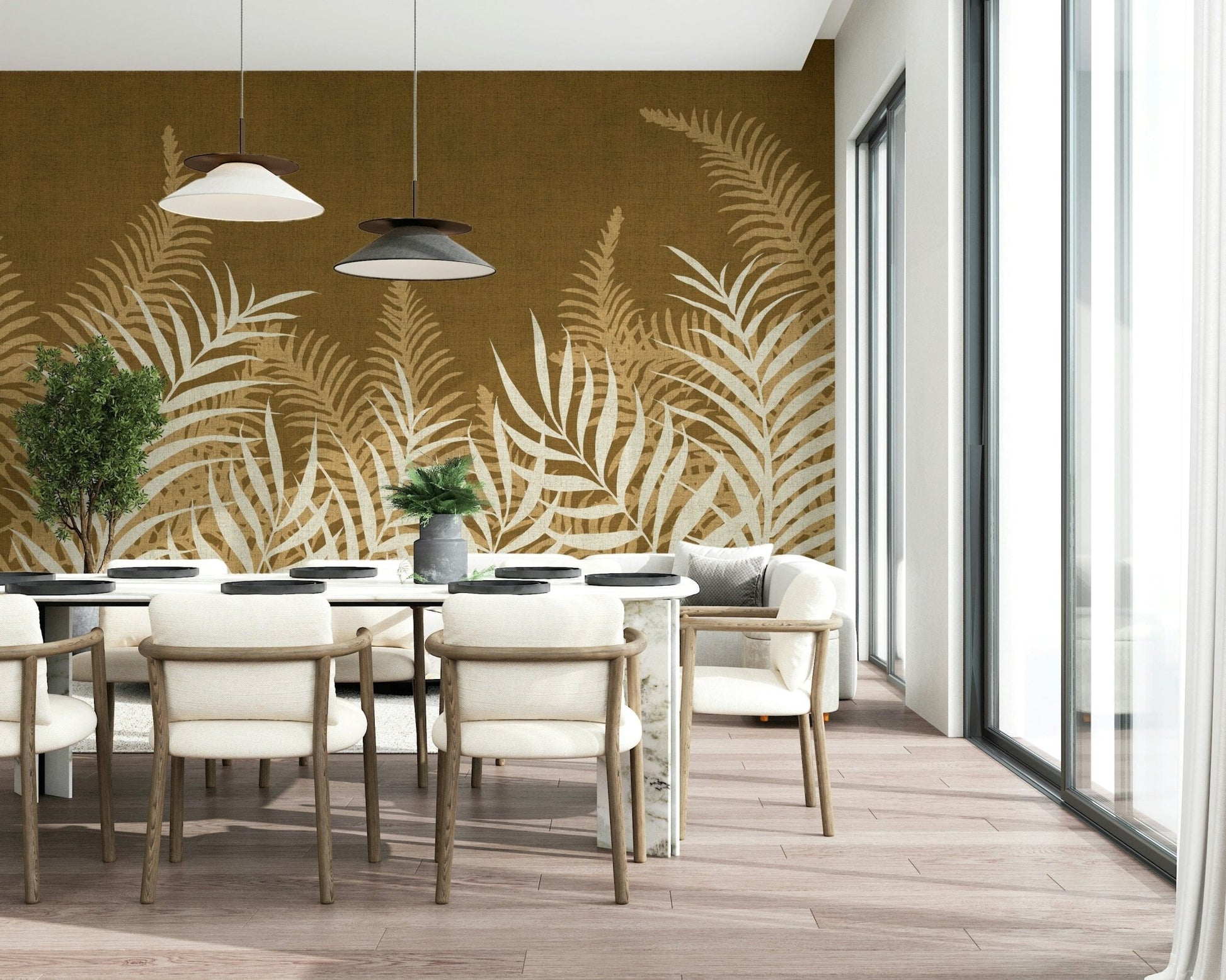 Into The Jungle Golden Jungle wallpaper, burnt orange backdrop with fronds.