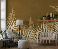 Into The Jungle Golden Jungle wallpaper showcasing bright ivory and brown leaves.