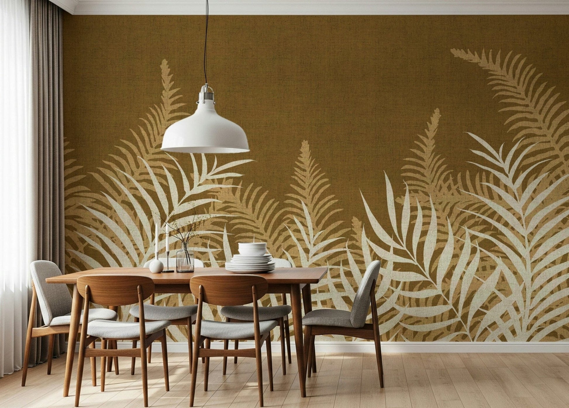 Breathtaking Golden Jungle wall mural, lush pattern on a sienna base.