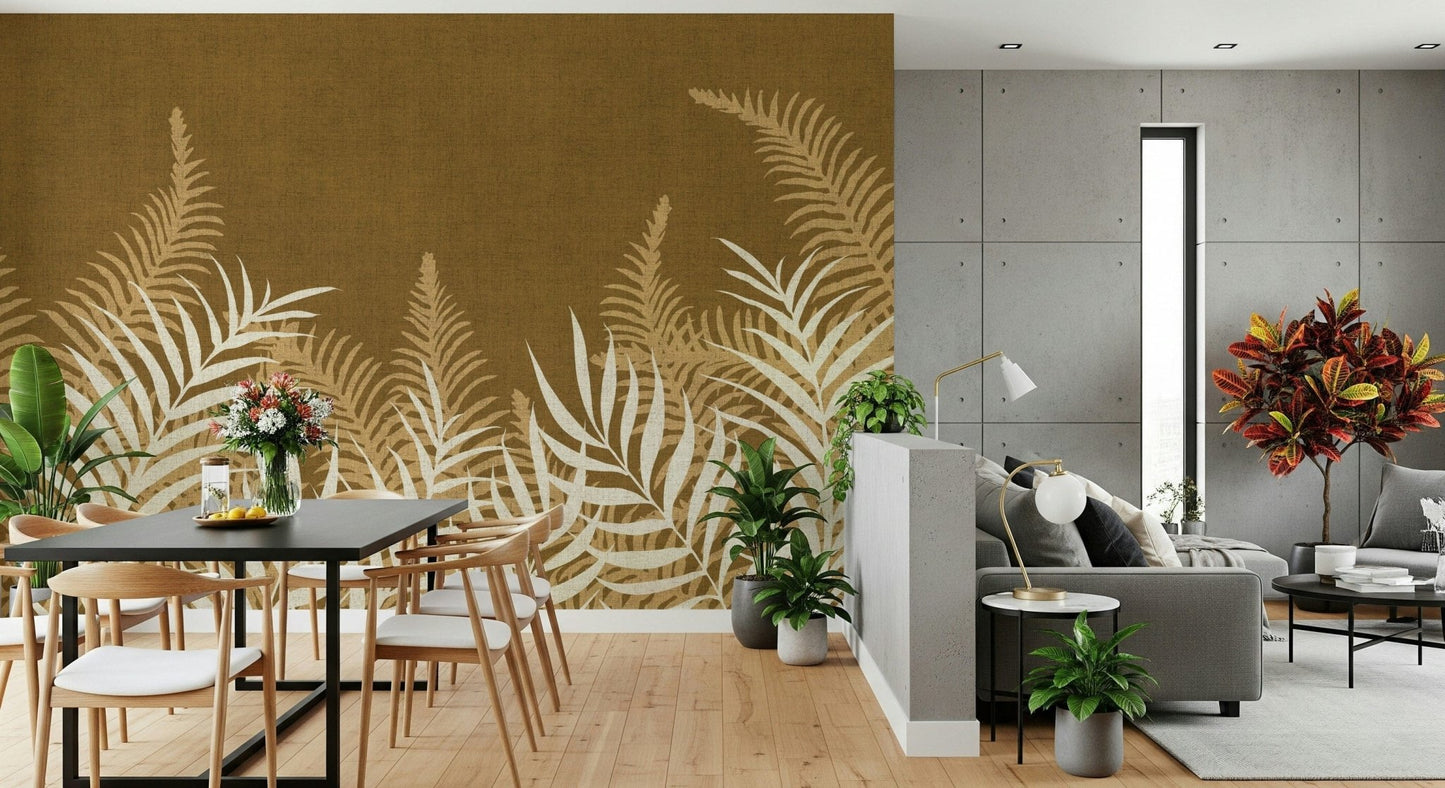 Heated Golden Jungle mural, intense tropical botany silhouette.