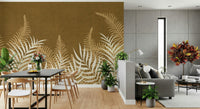 Heated Golden Jungle mural, intense tropical botany silhouette.
