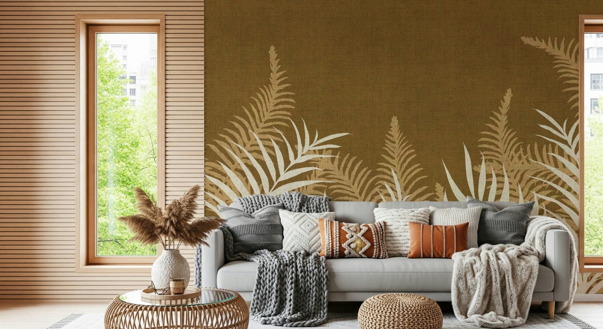 Dramatic Golden Jungle wall mural, dense fern leaves in caramel shades.