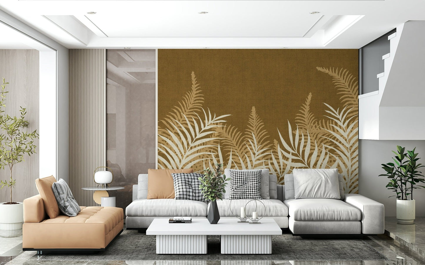 Golden Jungle wall mural, bold tropical shadow print for walls.