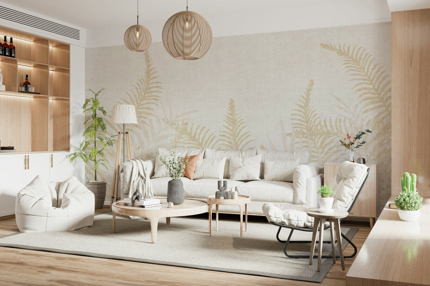 Airy Into The Jungle Perlish wallpaper, pale linen look leaf print.