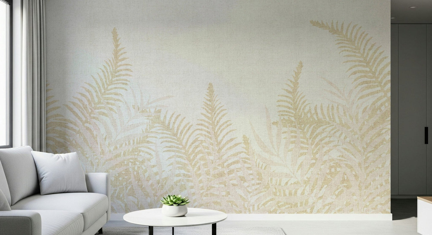 Delicate Perlish wall mural with subtle beige botanical fronds.