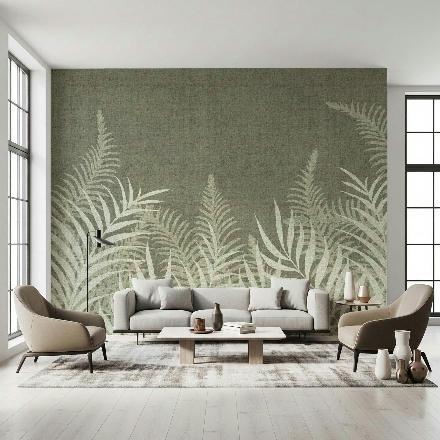 Into The Jungle Sage wallpaper showcasing dense foliage in neutral tones.