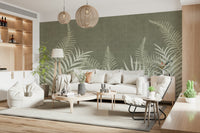 Aged Jungle Sage mural, weathered leaf motif on textured wall.