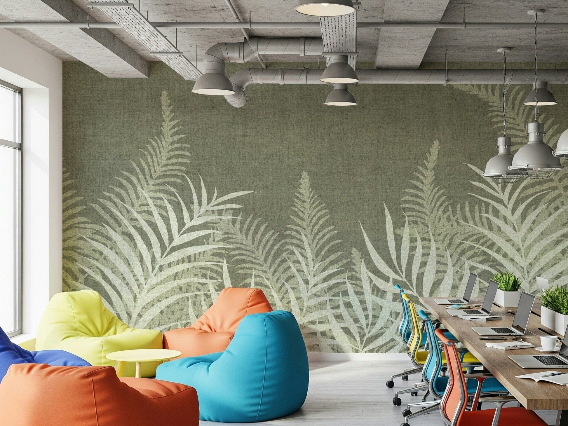 Zen-like Jungle Sage mural, a light green verdant scene.