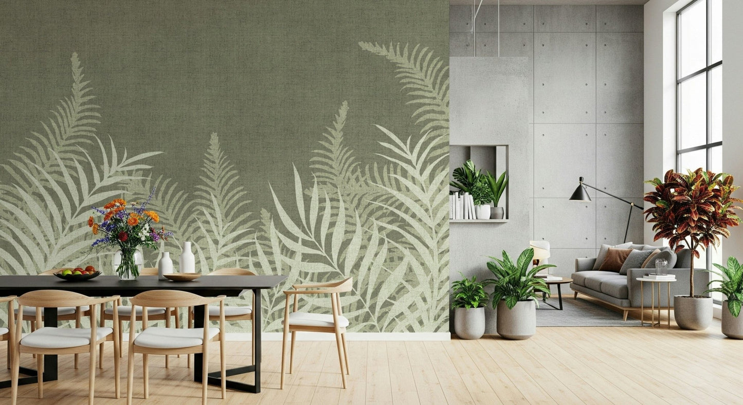 Understated Into The Jungle Sage wallpaper, textile-look leaf print.