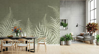 Understated Into The Jungle Sage wallpaper, textile-look leaf print.