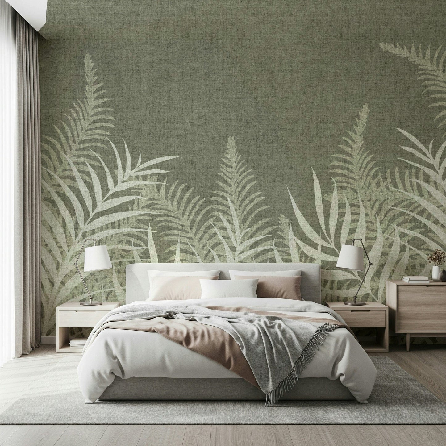 Misty Jungle Sage wall mural with pale botanical fronds and shadows.