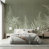 Misty Jungle Sage wall mural with pale botanical fronds and shadows.