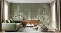 Jungle Sage wall mural, subdued earthy tropical pattern.