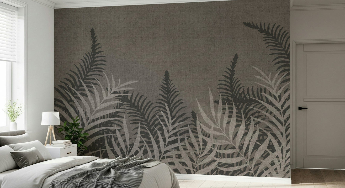 Into The Jungle Taupe wallpaper, stylish muted leafy border motive.