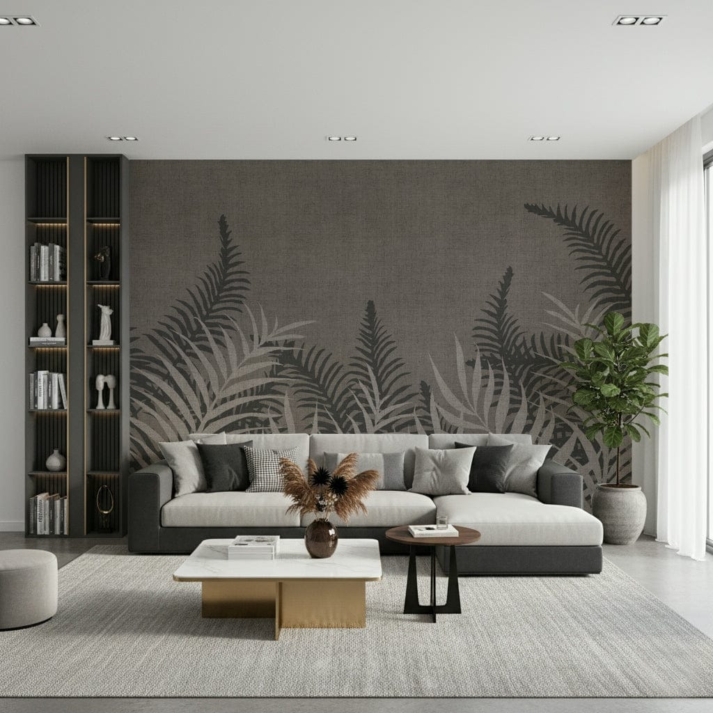 Refined Jungle Taupe mural, an organic faded flora scene.