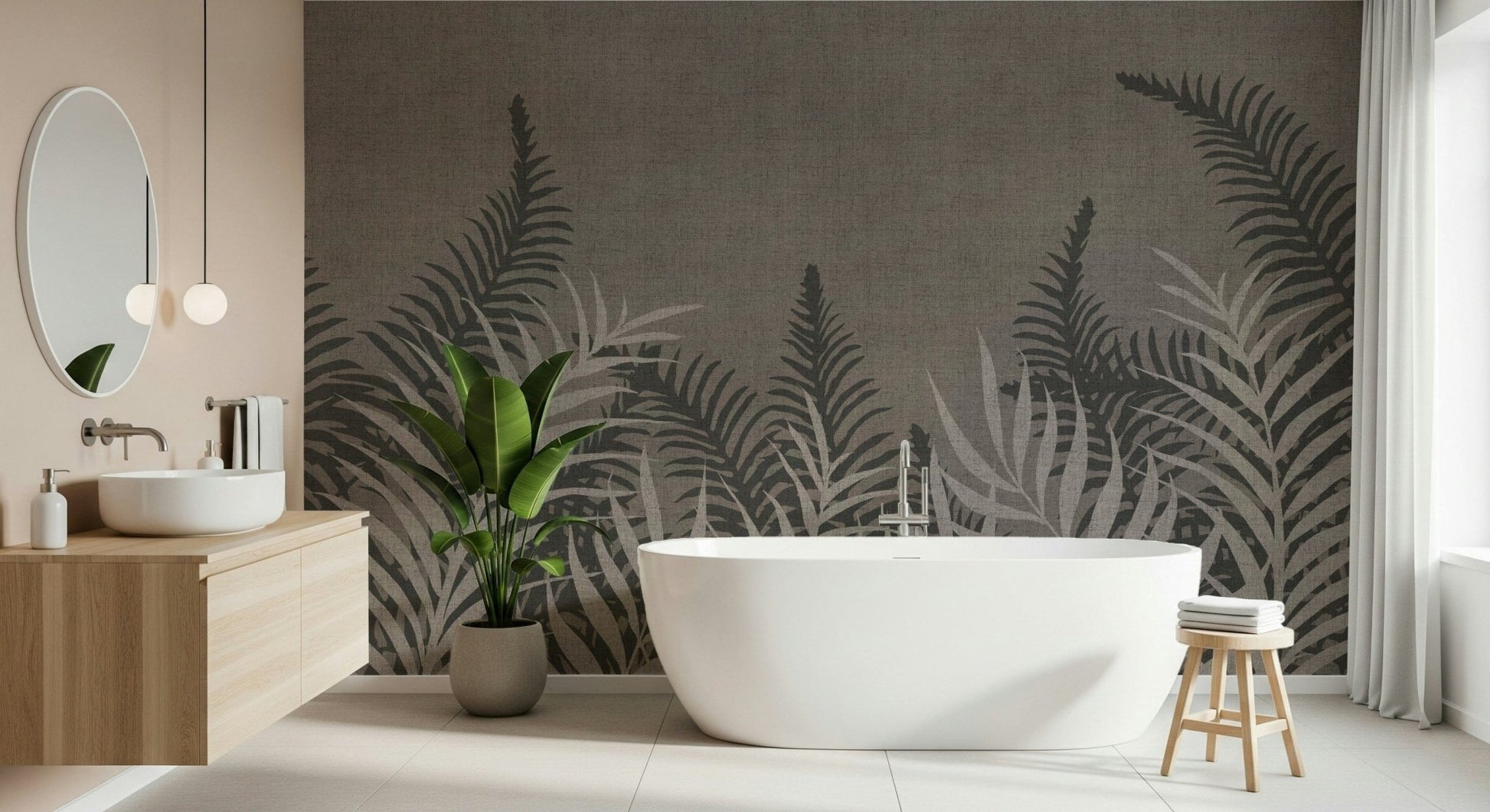 Serene Jungle Taupe wall mural, calm neutral plant print.