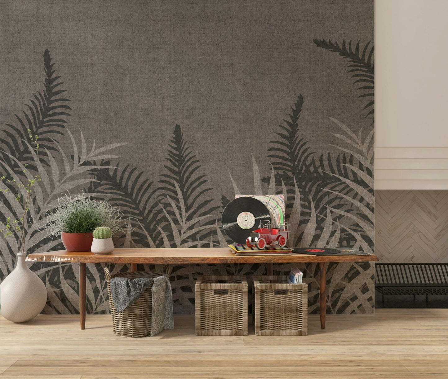 Sophisticated Into The Jungle Taupe wallpaper, textured leafy print.