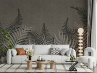 Into The Jungle Taupe wallpaper showcasing layered palm leaves.