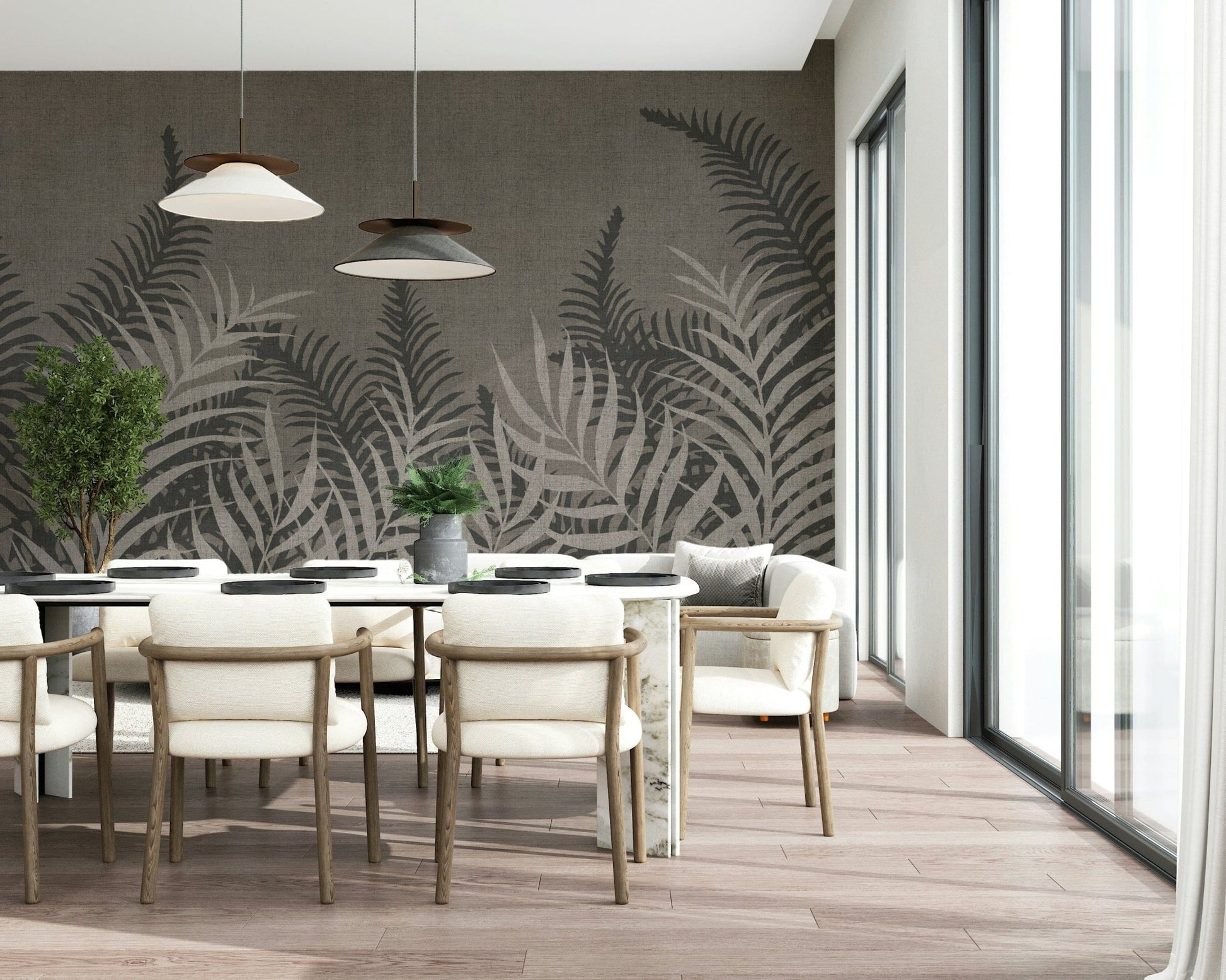 Jungle Taupe wall mural, chic earthy nature inspired design.
