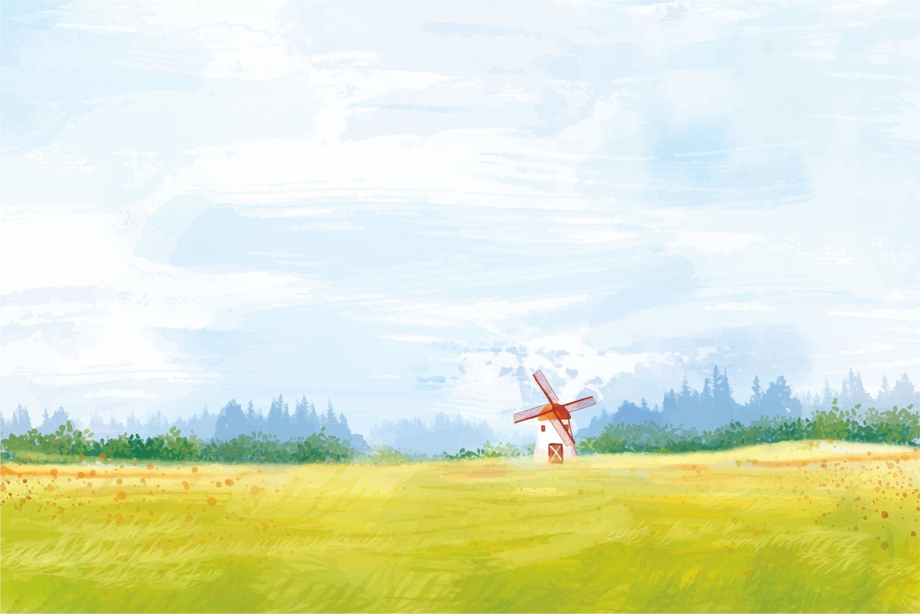 Watercolour Countryside Green Garden Wallpaper