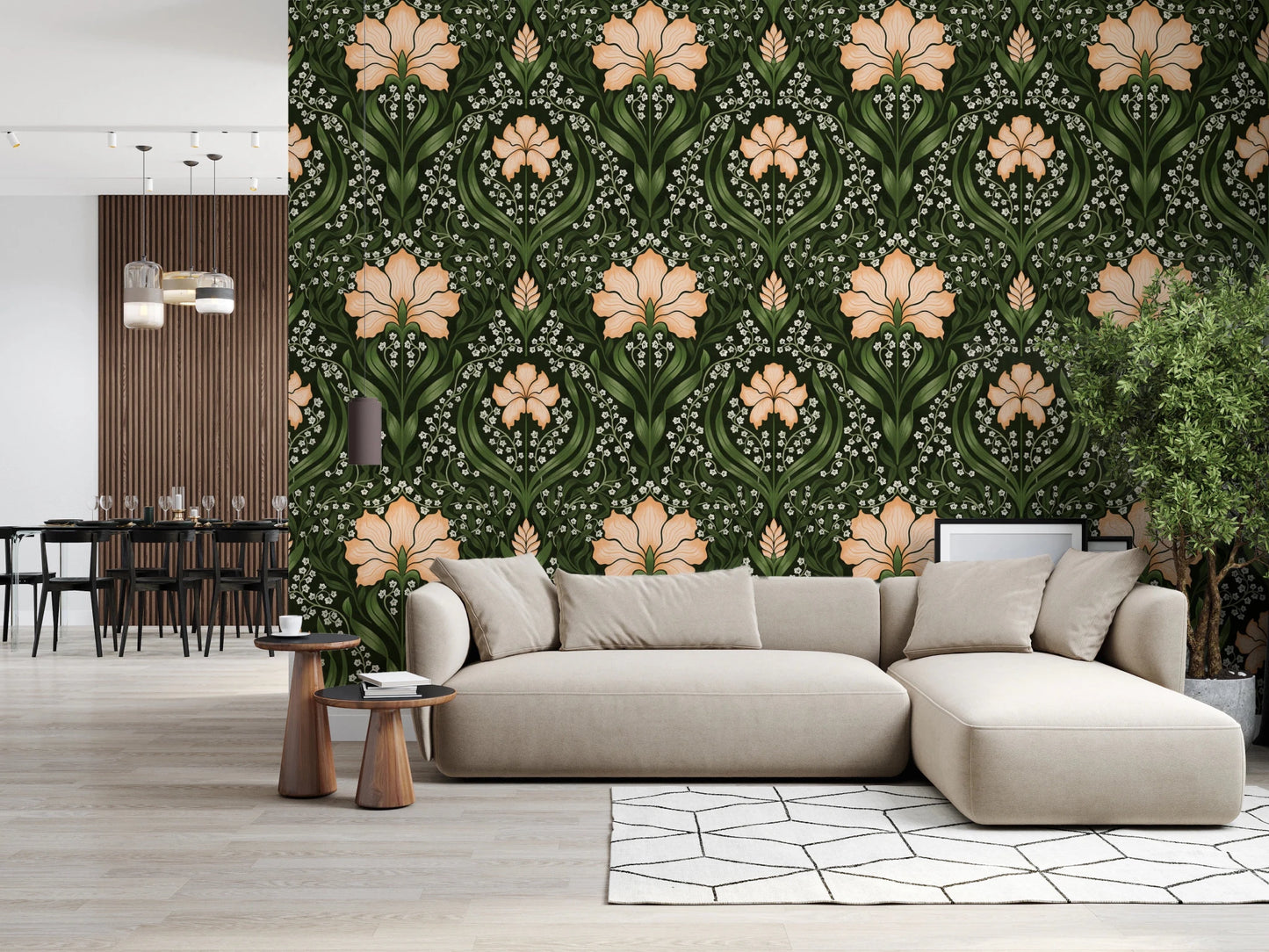 Open living area with Intricate floral damask apricot Wallpaper and leafy pattern, GD8669