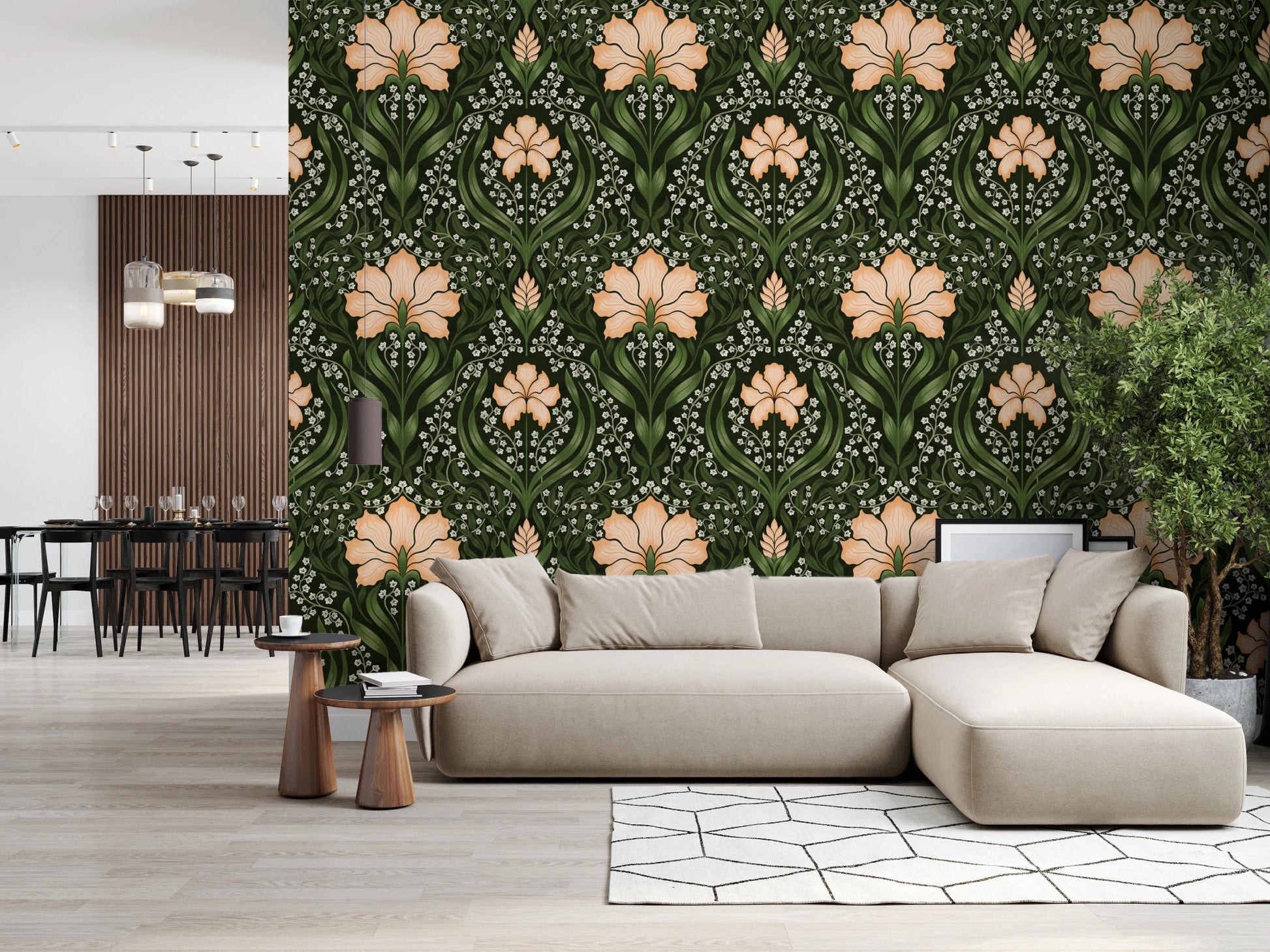 Open living area with Intricate floral damask apricot Wallpaper and leafy pattern, GD8669