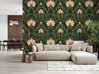 Open living area with Intricate floral damask apricot Wallpaper and leafy pattern, GD8669