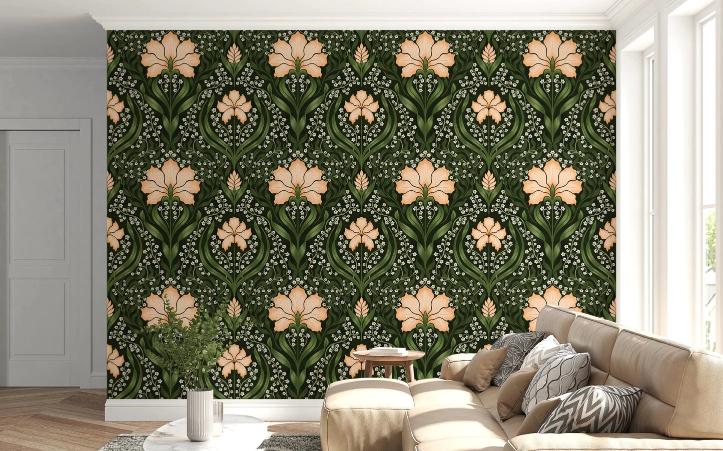 Living room showing Intricate floral damask apricot Wallpaper with classic motifs, GD8669