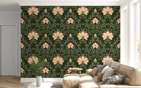 Living room showing Intricate floral damask apricot Wallpaper with classic motifs, GD8669