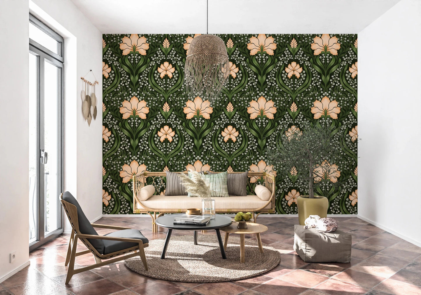 Soft sitting area with Intricate floral damask apricot Wallpaper on the feature wall, GD8669