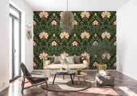 Soft sitting area with Intricate floral damask apricot Wallpaper on the feature wall, GD8669