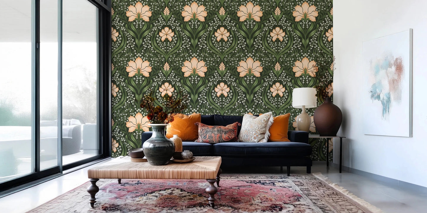 Window-side lounge styled in Intricate floral damask apricot Wallpaper pattern, GD8669