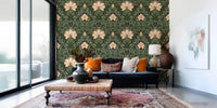 Window-side lounge styled in Intricate floral damask apricot Wallpaper pattern, GD8669