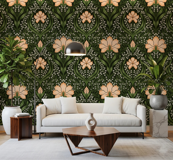 Living room with Intricate floral damask apricot Wallpaper and ornate floral detail, GD8669