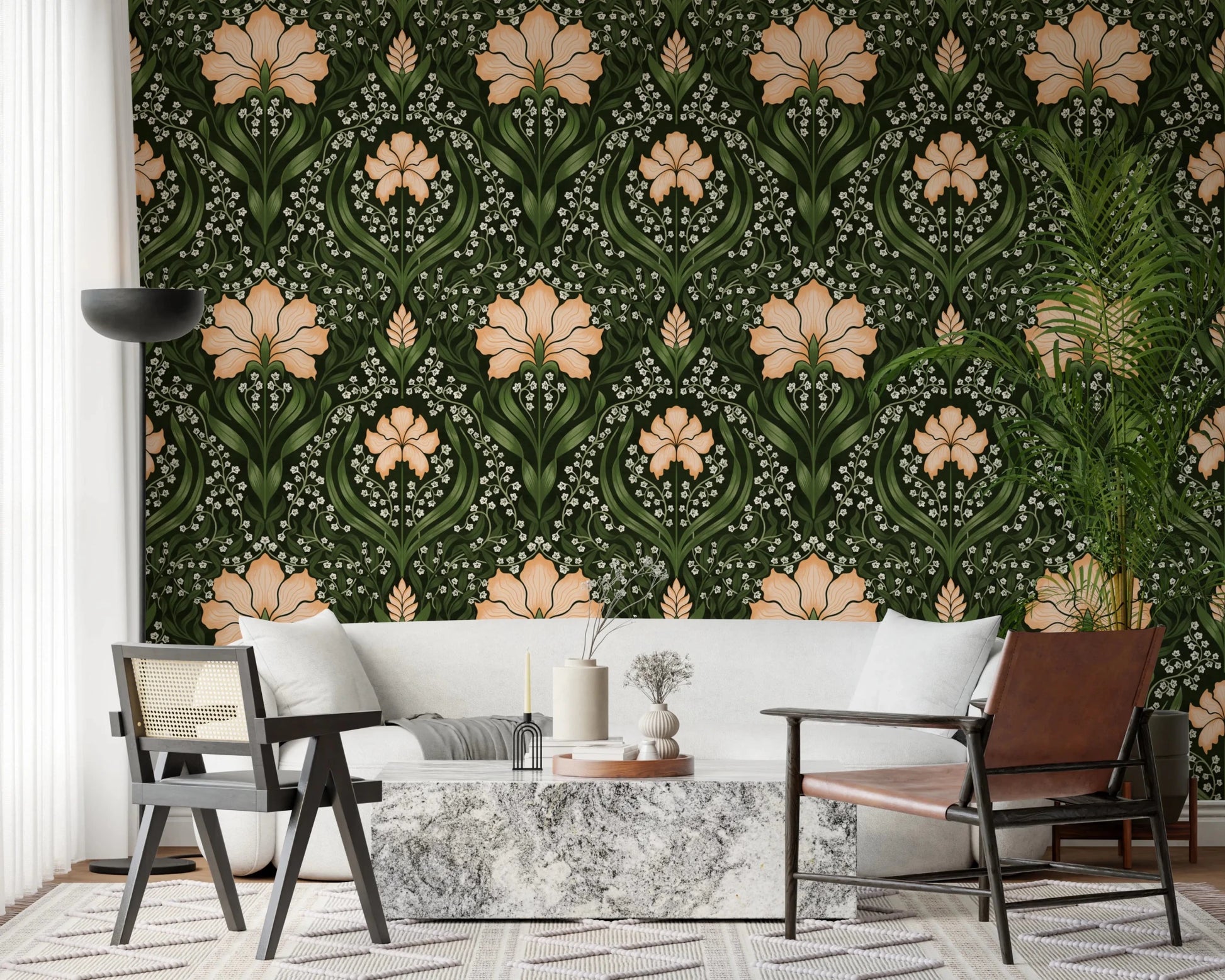 Living room paired with Intricate floral damask apricot Wallpaper and warm décor, GD8669