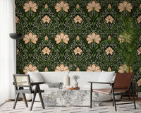 Living room paired with Intricate floral damask apricot Wallpaper and warm décor, GD8669