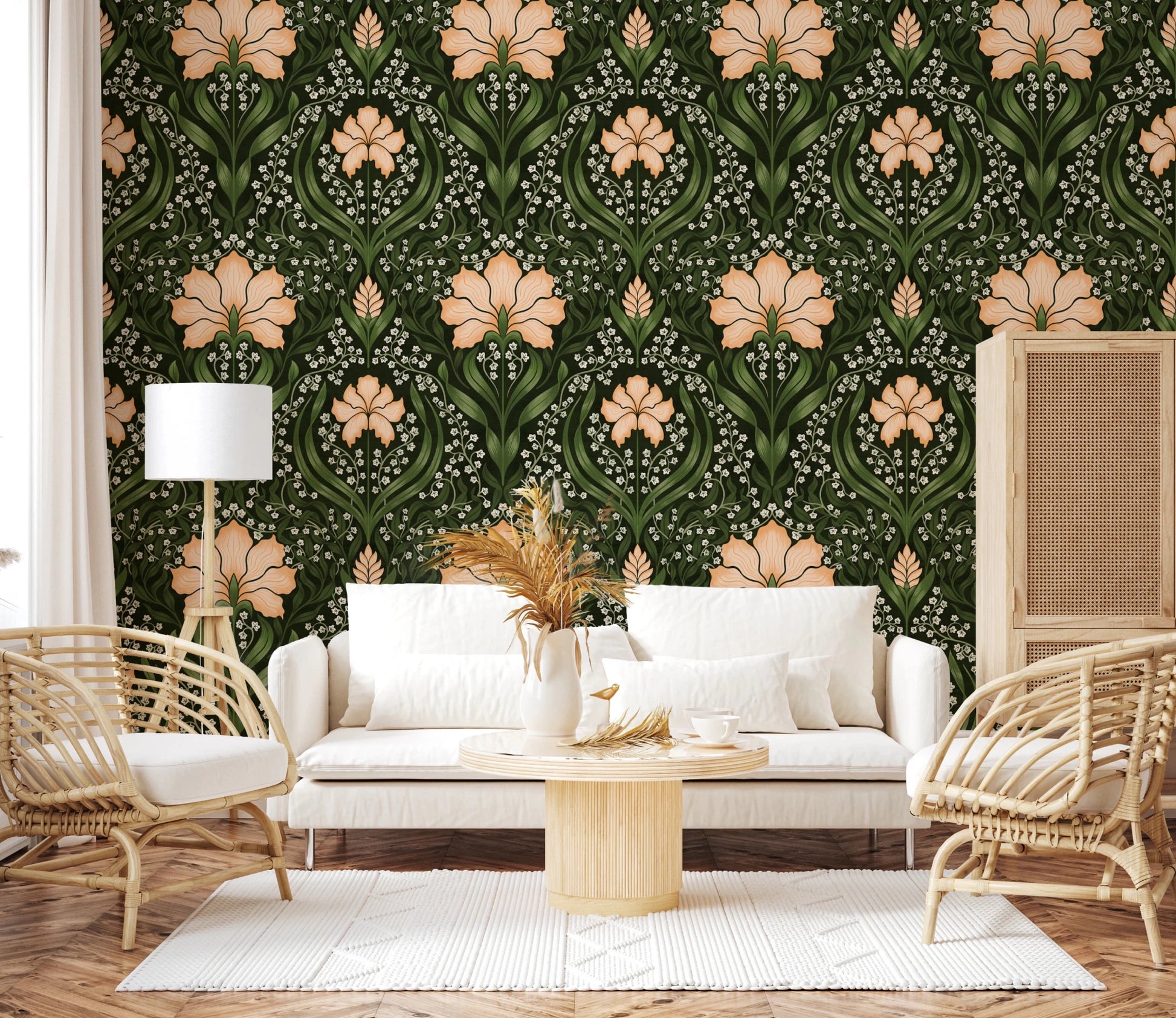 Living space framed by Intricate floral damask apricot Wallpaper and warm tones, GD8669