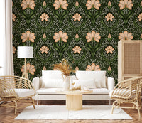 Living space framed by Intricate floral damask apricot Wallpaper and warm tones, GD8669
