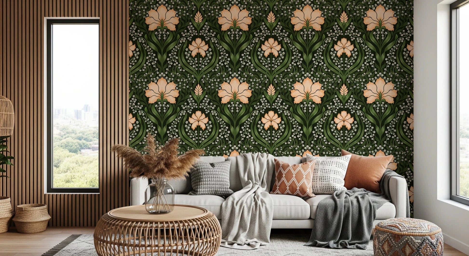 Rustic nook featuring Intricate floral damask apricot Wallpaper and floral symmetry, GD8669