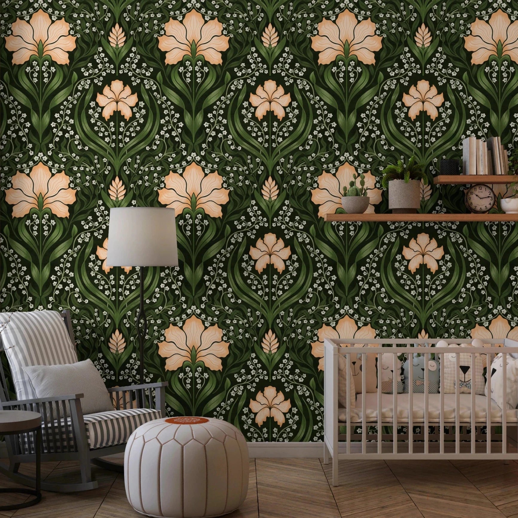 Nursery corner softened by Intricate floral damask apricot Wallpaper and blooms, GD8669