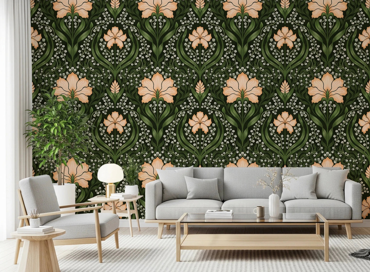 Sofa corner styled in Intricate floral damask apricot Wallpaper with damask detail, GD8669